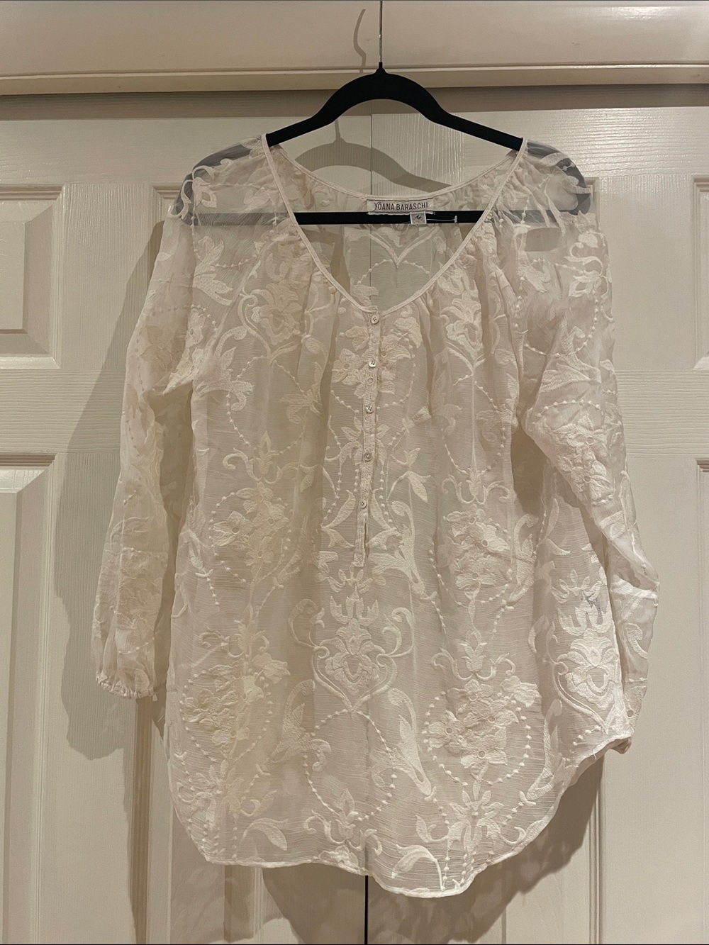 Yoana Baraschi Cream Embroidered V-Neck Peasant Blouse